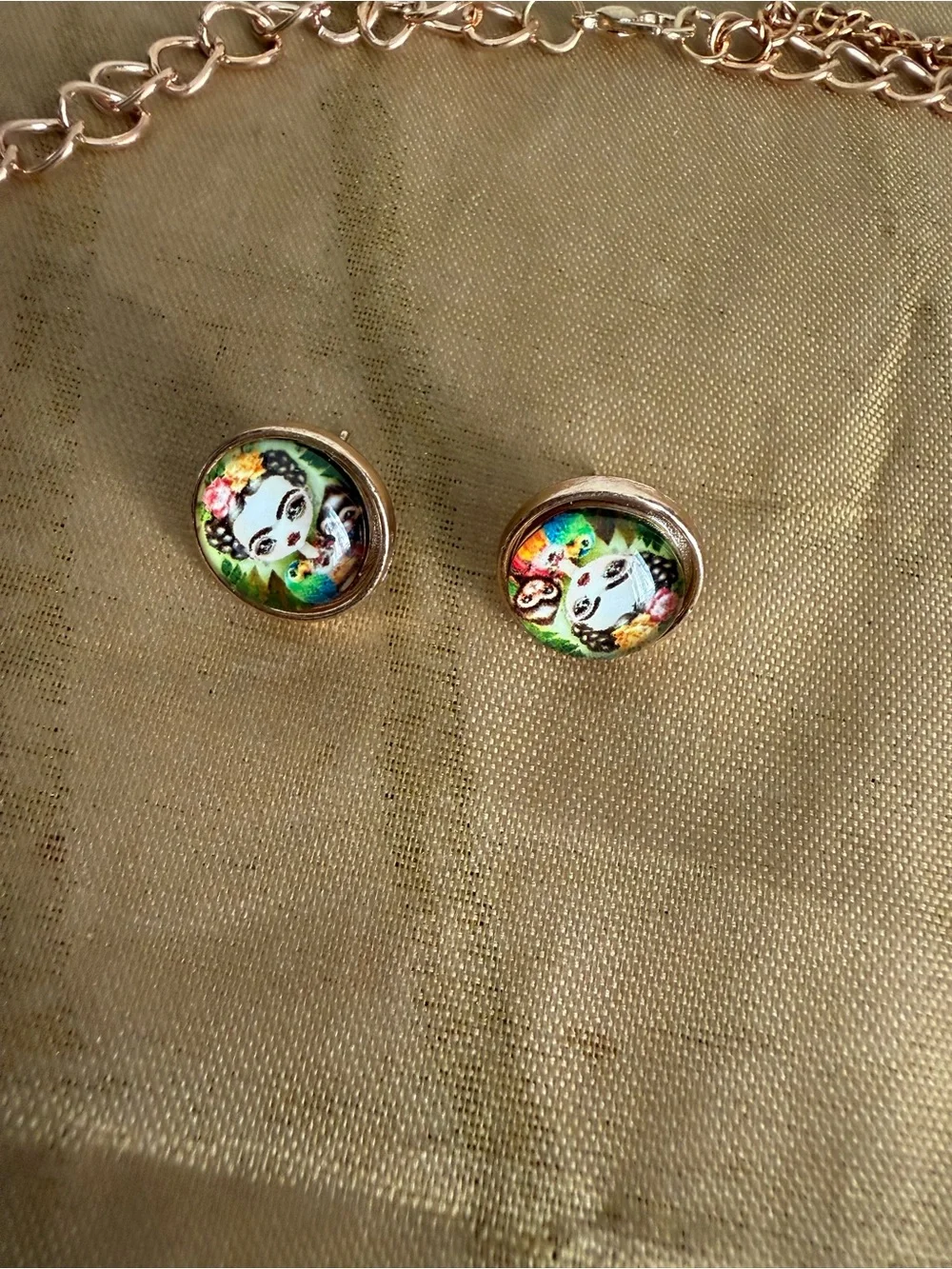 Gold-Tone Floral Portrait Pendant Necklace and Stud Earrings